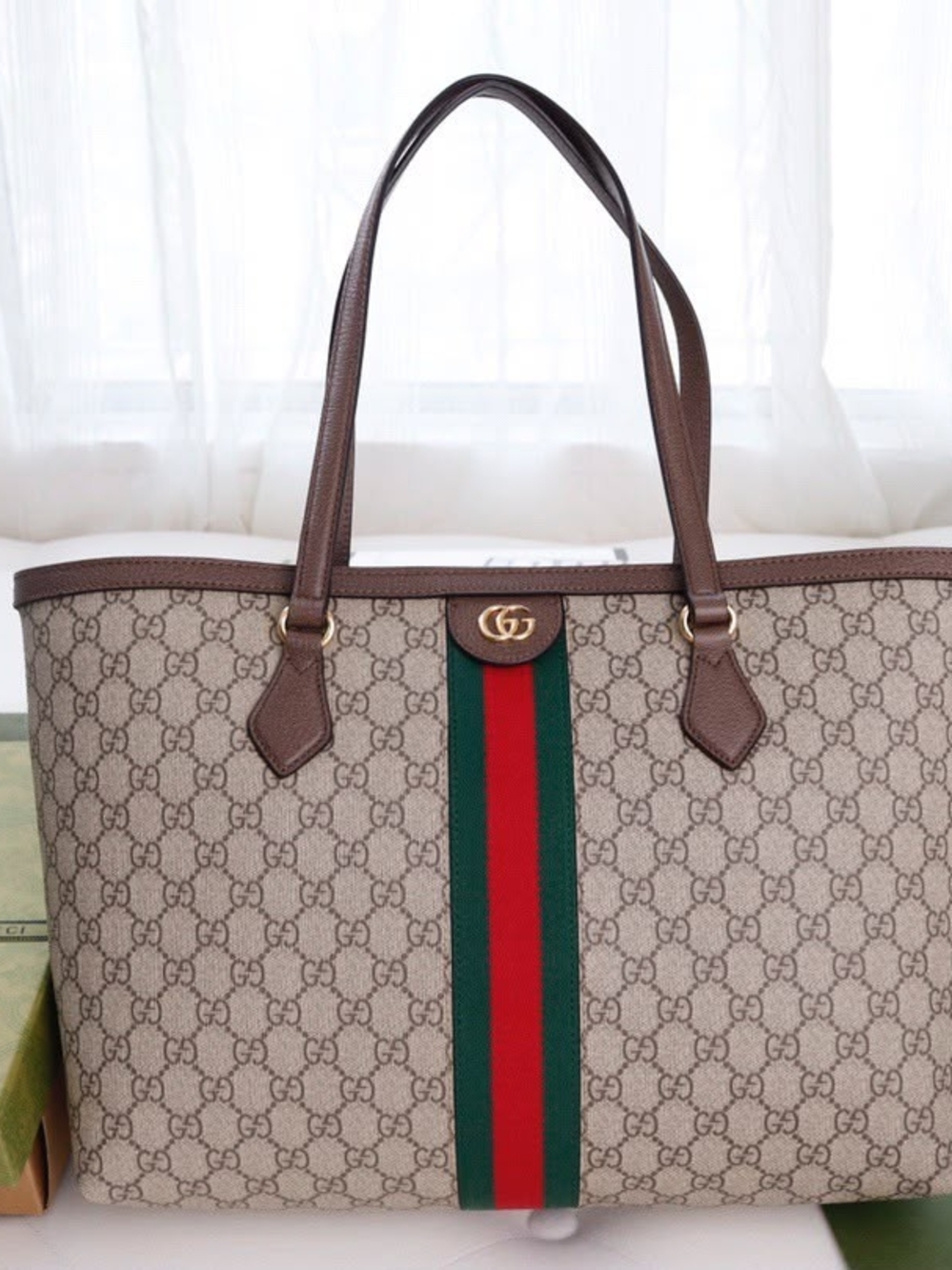 Gucci Beige GG Supreme Tote with Green and Red Web Stripe